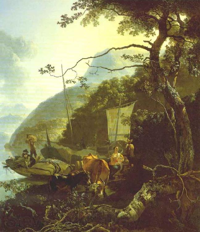 PYNACKER, Adam Boatmen Moored on the Shore of an Italian Lake  sg Spain oil painting art